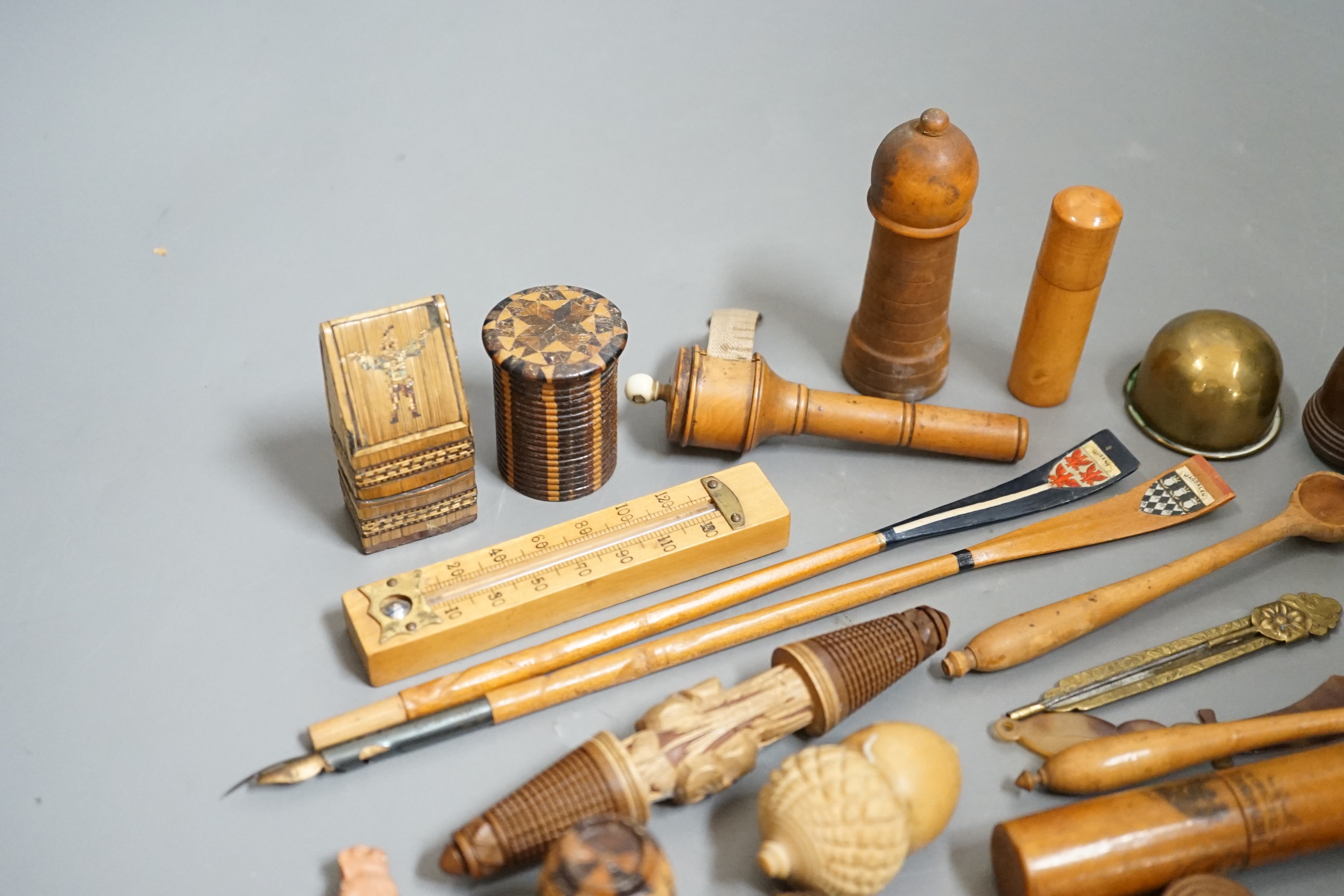 A quantity of various treen items including Tunbridge stickware items etc